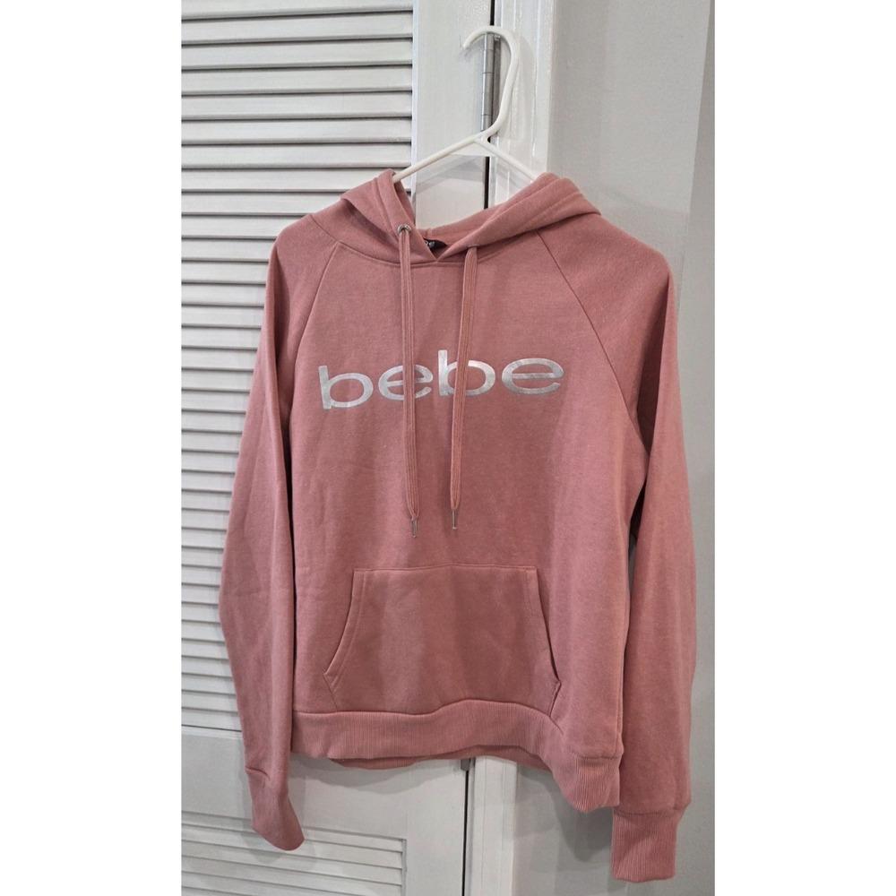 Womens Bebe Sport Pink Pullover Hoodie Metallic Silver Logo Large
